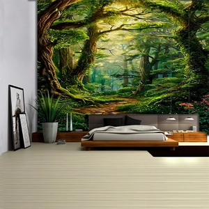 Detailed close-up showing the lush green forest wall tapestry in a bedroom setting