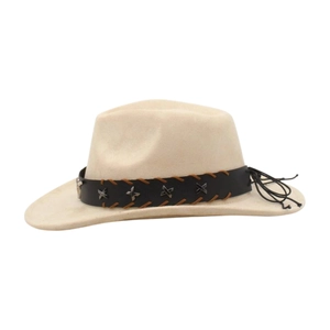Detail of beige cowboy hat featuring black leather band with metallic rivets and tassels