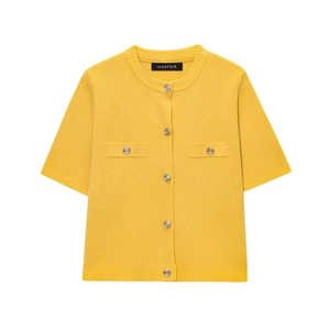 Short-sleeved yellow knit cardigan with contrast trim and metal crest buttons