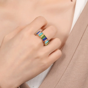 Fashion Rainbow Rectangle Cubic Zirconia Ring Gold Plated Brass Geometric Colorful Sparkly Finger Jewelry For Women