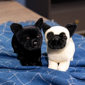 Plush standing French Bulldog dolls in black and white colors on checkered mat