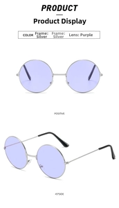 Detail view of retro round silver metal sunglasses with translucent purple lenses