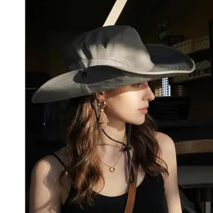 Sombrero de sol gris de ala ancha para mujer con malla transpirable y cordón ajustable
