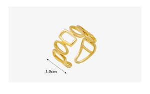 Detail view of 1.0cm wide hollow geometric gold-plated stainless steel open ring