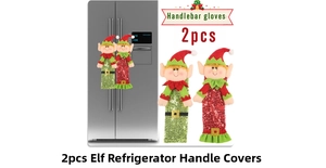 Detail of Christmas elf refrigerator handle covers in sequins with plush 3D heads 2pcs
