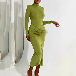 Robe Maxi À Manches Longues Et Col Montant Taille Froncée Moulante Couleur Unie Élégante Femmes