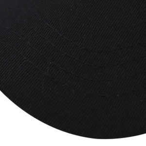 Close-up of black twill fabric baseball cap brim with triple parallel stitching detail