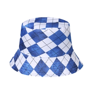 Blue and white diamond check pattern sun bucket hat with a wide brim for women