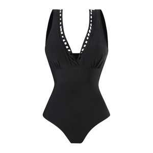 Detail view of black V-neck swimsuit with square cut-out straps and pleated waist detail
