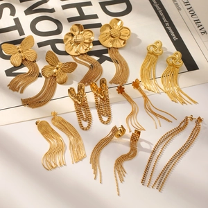 Golden stainless steel earring set with heart, butterfly designs and long metal tassels