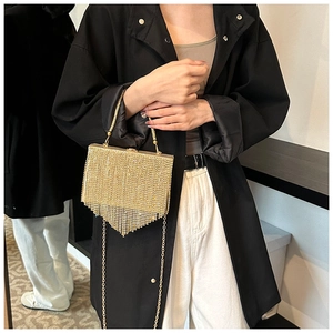 Golden evening clutch bag with fringe tassels held by a model for elegant party styling