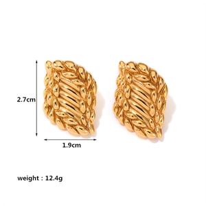 Golden woven texture hoop earrings showing dimensions 2.7cm by 1.9cm and 12.4g weight