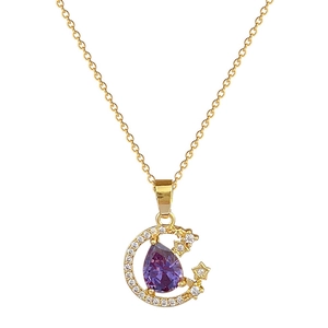 Gold moon and star necklace with purple water drop gemstone on white background