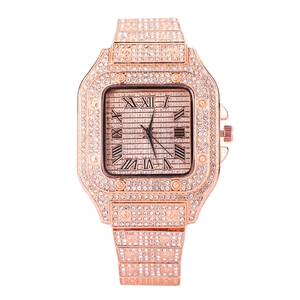 Luxurious square rose gold watch with diamond-set bezel and Roman numeral markers