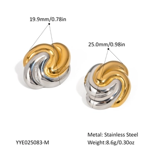 Detail view of two-tone stainless steel spiral earrings with dimensions and weight specs