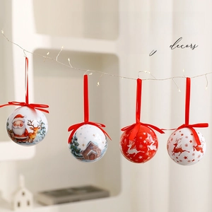 Set of 8cm red and white Christmas balls with deer and cabin prints on light string
