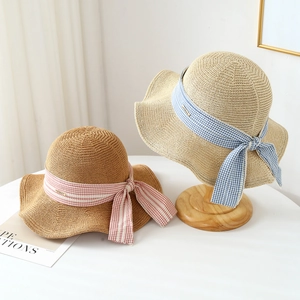 Women Straw Sun Hat Lace Edge Bowknot Ribbon Summer Beach Holiday Foldable Breathable Elegant Style Accessories