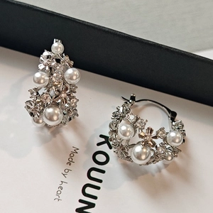 Elegant silver flower basket earrings with white pearls and sparkling diamonds