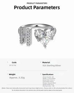 Detail of S925 sterling silver ring with H-letter, heart shape and square 5A zircon