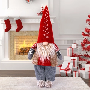 Nordic Christmas gnome with a red hat standing in a warm holiday living room scene
