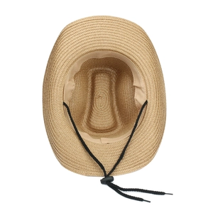 Detail of the inner structure of a straw cowboy hat featuring an adjustable chin strap