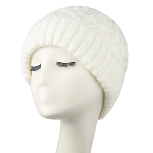 Chunky knit white beanie with cable pattern for women, winter thermal cuffed headwear