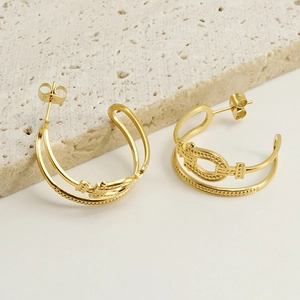 Boucles D'Oreilles Créoles En C Acier Inoxydable Plaqué Or 18K Double Couche Boucle Mors De Cheval Bijoux De Mode Rétro