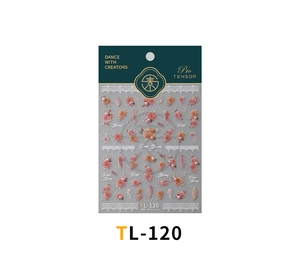 Close-up of TL-120 nail stickers featuring 3D pink roses, white lace, and pearl accents