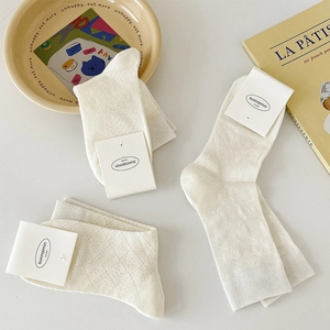 Women Cotton Slouch Socks Hollow Out Mesh Breathable Bow Diamond Pattern Japanese Sweet Style Mid Calf Socks For Girls