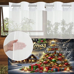 Sheer Christmas shower curtain with hookless rings and festive tree pattern