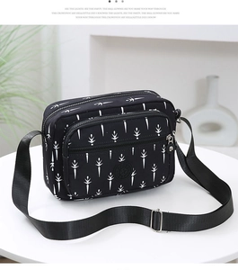 Black multi-layer crossbody bag for women with white leaf pattern and nylon strap