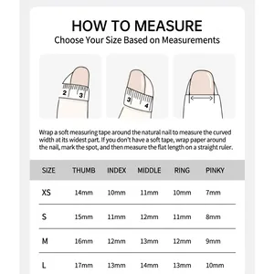 Size guide for handmade mermaid pearl press-on nails with measurement instructions