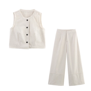 Women Linen Like Vest And Wide Leg Pants Sleeveless Round Neck Raw Hem Fringed Casual Commuter Solid Color Outfits