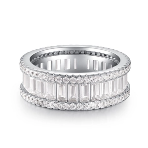 S925 sterling silver band ring with emerald cut cubic zirconia on white background