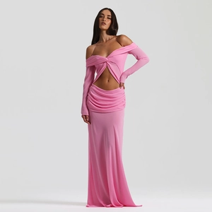 Detail view of pink off-shoulder chiffon maxi dress with twisted knot and waist pleats