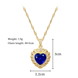 Detailed size specifications for heart pendant necklace with blue zircon and pavé stones