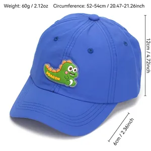 Blue kids dinosaur baseball cap with quick-dry fabric and size specifications guide