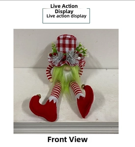 Detail of a Christmas gnome with green beard, plaid hat, and striped long legs