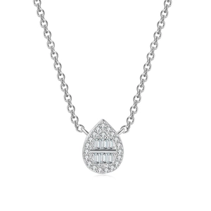 Detail showing tear-drop pendant with micro-paved zircons on elegant silver chain