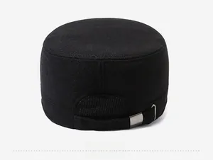 Detail of the adjustable metal buckle and reinforced back seam on a men's warm flat top cap
