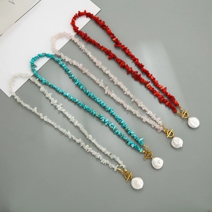 Artificial Baroque Pearl Pendant Necklace Natural Stone Chips Beaded Choker Vintage Bohemian Jewelry For Women Toggle Clasp
