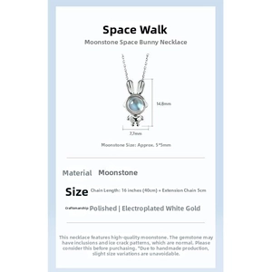Detail of astronaut rabbit necklace with moonstone inlay and silver chain dimensions