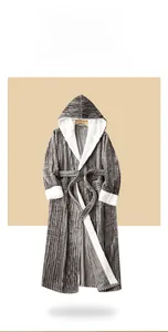 Detail of grey striped flannel bathrobe with warm white sherpa fleece lining and hood