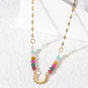 Bohemian gold stainless steel necklace with sun pendant and colorful beaded chain