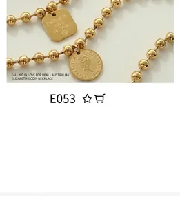 Detail of 18K gold-plated beaded chain with engraved square and queen portrait pendants
