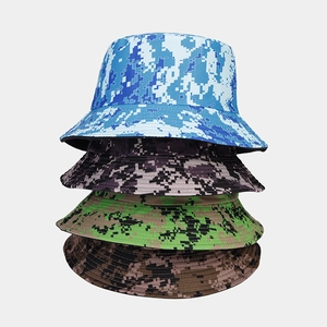 Stacked digital camouflage bucket hats in diverse colors with durable wide brims