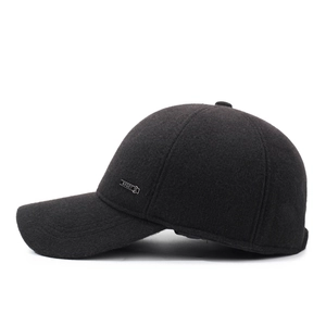Winter men's baseball cap with ear flaps, thick fleece lining in dark grey wool blend
