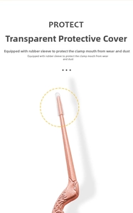 Detail showing rose gold precision ear tweezers with protective cap and hawk-head handle