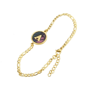 Round Abalone Shell Initial Letter Bracelet Gold Plated Stainless Steel Figaro Chain Fashion Jewelry For Women