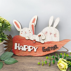 Wooden Easter carrot hanging sign with three bunnies and Happy Easter text decor